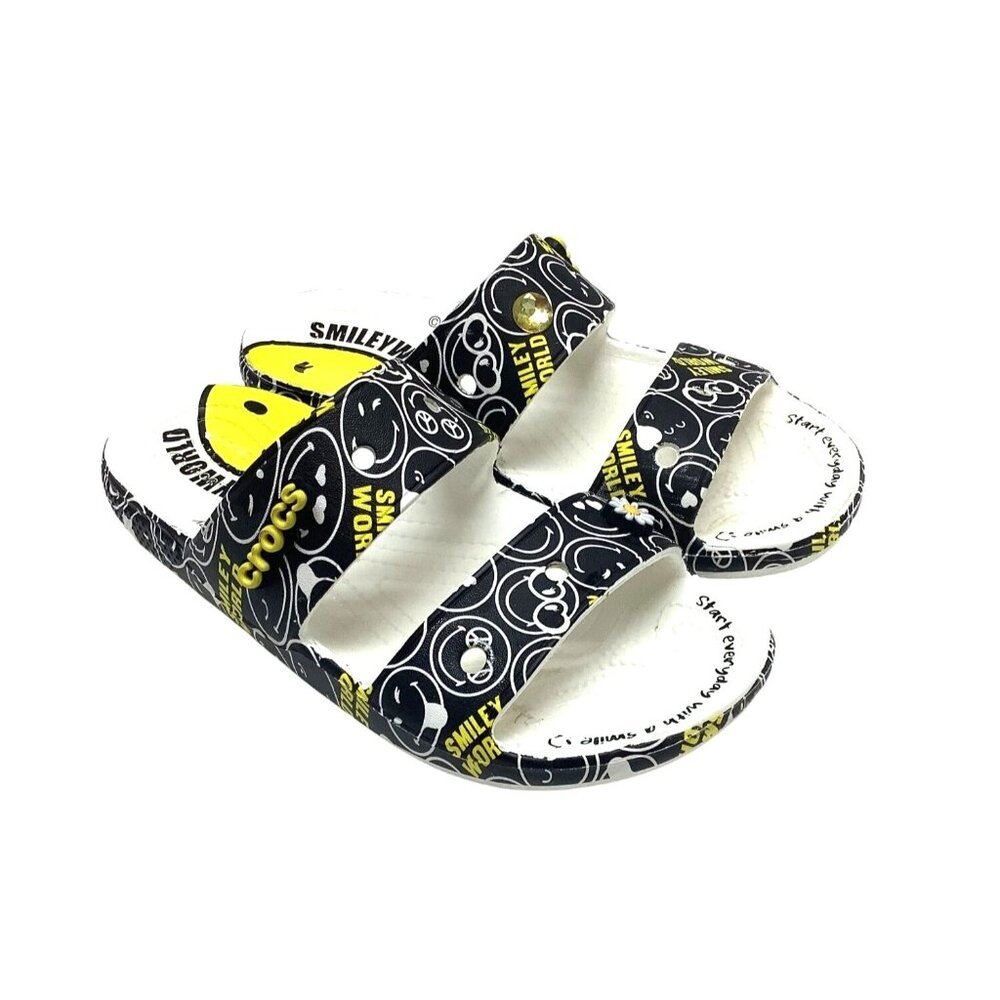 Smileyworld X Crocs Slide Sandals Black/Yellow Graphic Womens Size 8 Lightweight